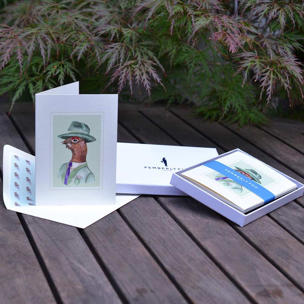 the gordon grouse greeting cards with with feather pattern printed paper lined envelopes, sold in pemberly fox boxes