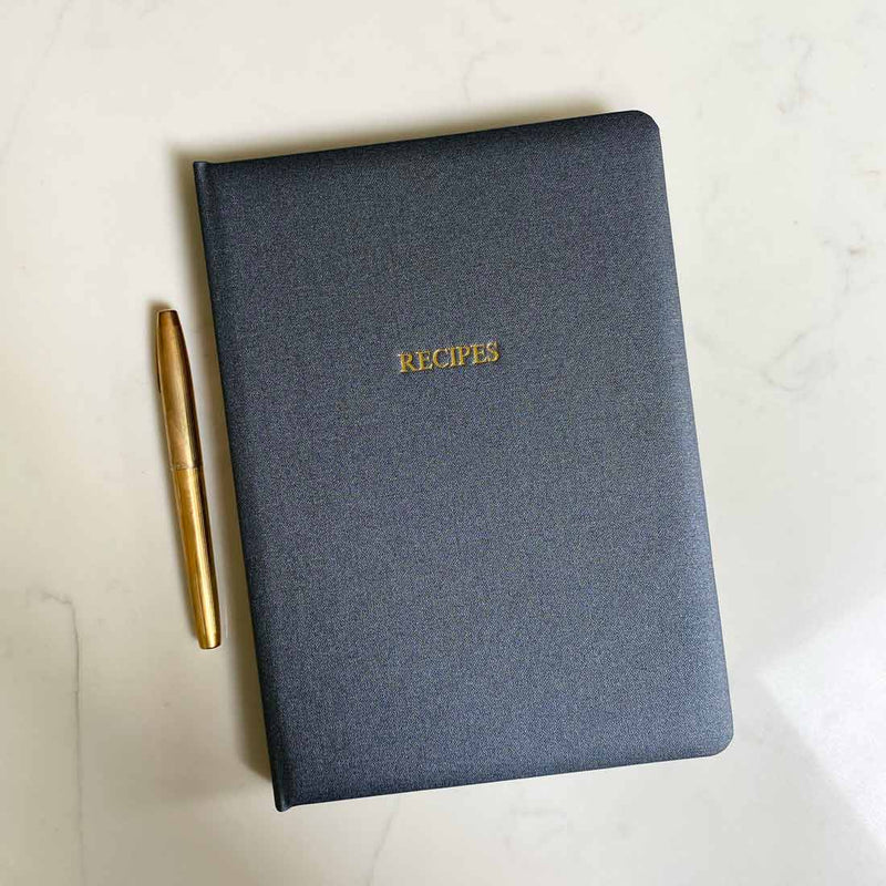 Our grey recipe books come with a Bukram cover which can be personalised