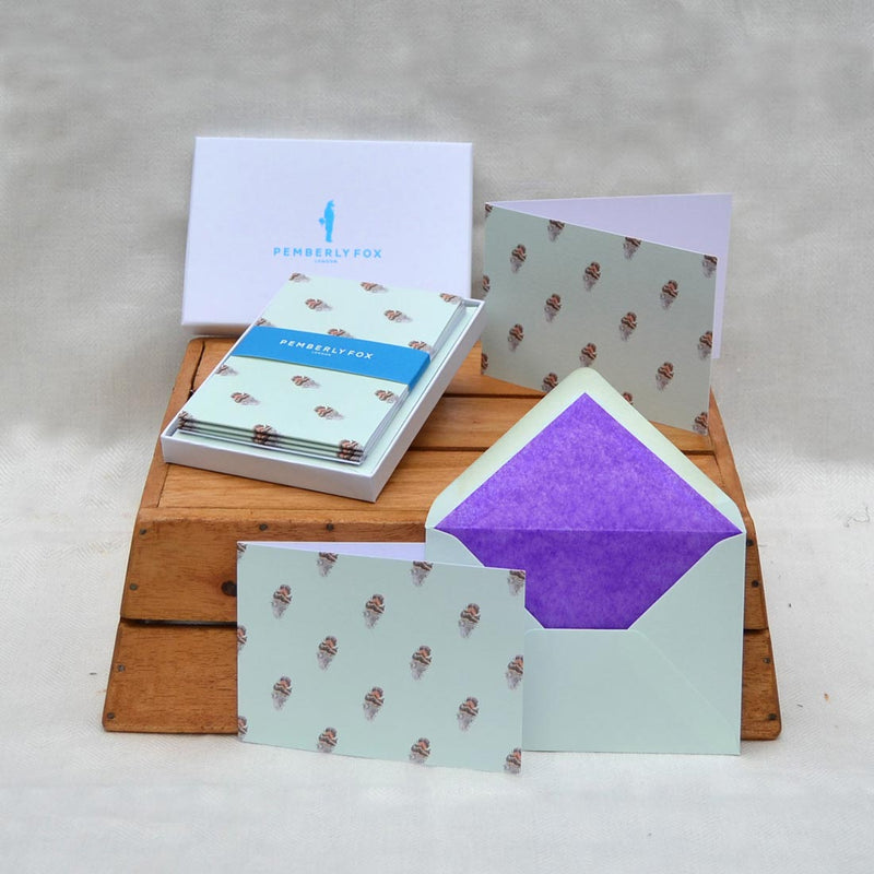 the grouse feather greeting cards with with feather pattern printed paper lined envelopes, sold in pemberly fox boxes