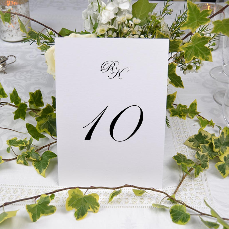 The holkham personalised table number cards use a monogram at the head of a white 350gsm stock and are sized A5