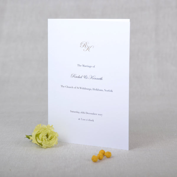 The Holkham Wedding order of service booklet boasts your initials engraved in gold at the head