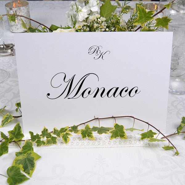 The Holkham wedding table name cards print on a white 350gsm A4 card, with your monogram at the head
