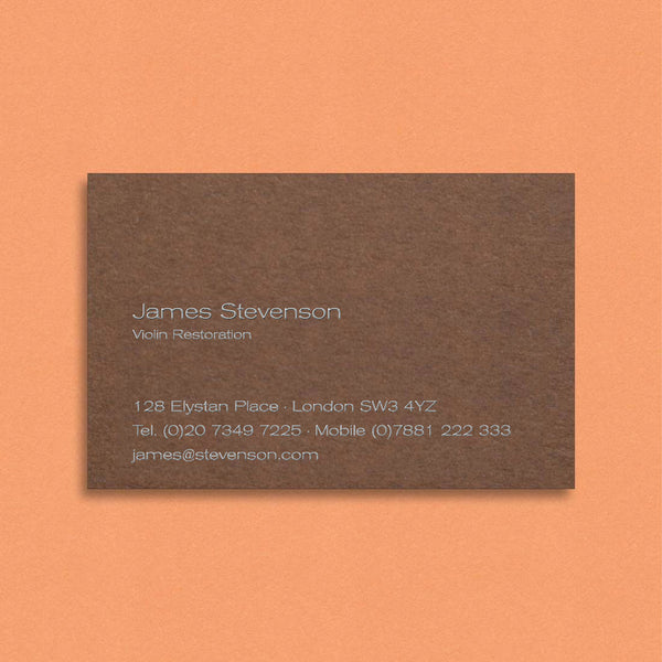 The Ilchester visiting cards show a silver engraved font, left justified, on a Brown textured card