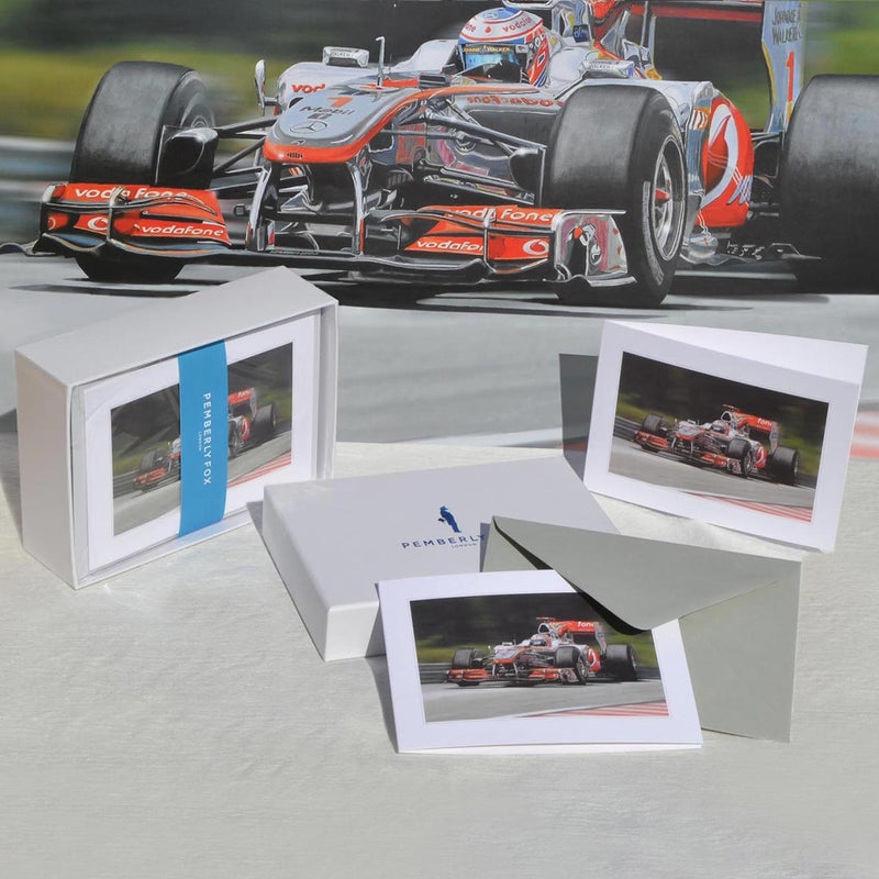 the Jenson Button F1 greeting cards are beautifully painted by Tony Regan. Sold with light grey envelopes in a Pemberly Fox branded box