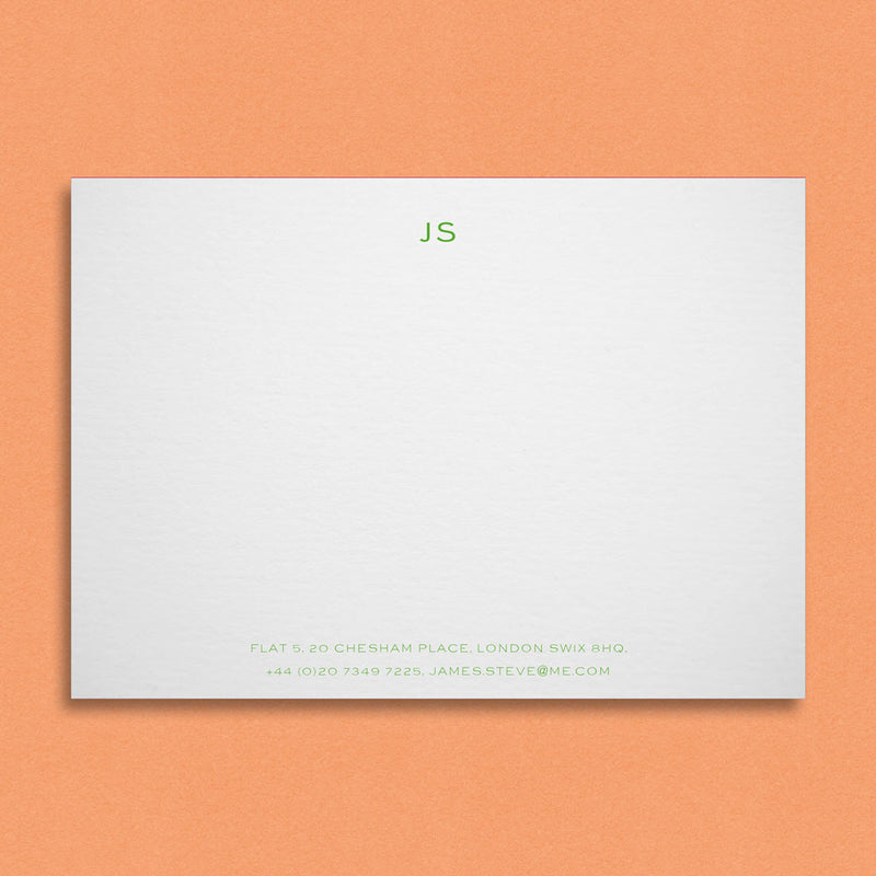 kilburn embossed note cards print with your initials at the head and contact details on two lines at the foot
