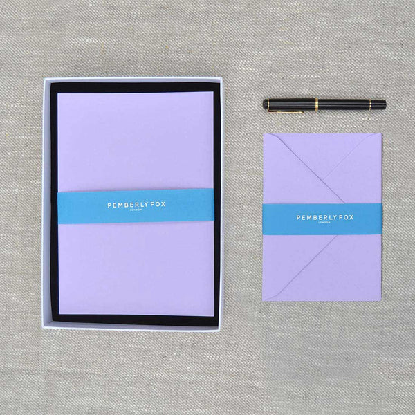The lavender a5 writing paper and envelopes are 135gsm and sold in a branded Pemberly Fox box.