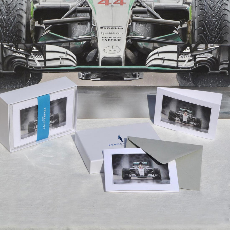 the Lewis Hamilton F1 greeting cards are beautifully painted by Tony Regan. Sold with light grey envelopes in a Pemberly Fox branded box