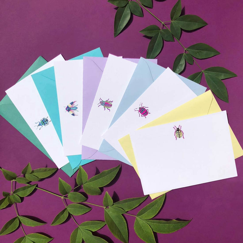 The love bug spread shows each motif available in the pack and their corresponding range of coloured envelopes