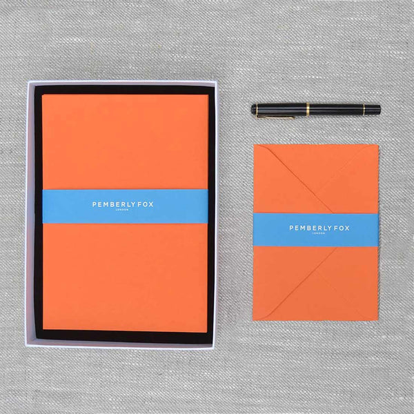 The mandarin orange a5 writing paper and envelopes are 135gsm and sold in a branded Pemberly Fox box.