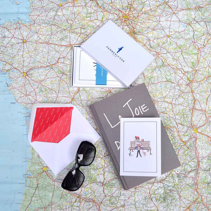the margaux and peta greeting cards with white envelopes with red printed paper lining sold in branded boxes