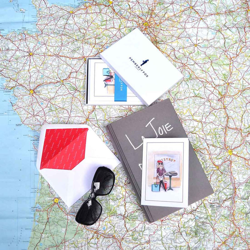 the margaux au bistro greeting cards with white envelopes with red printed paper lining sold in branded boxes