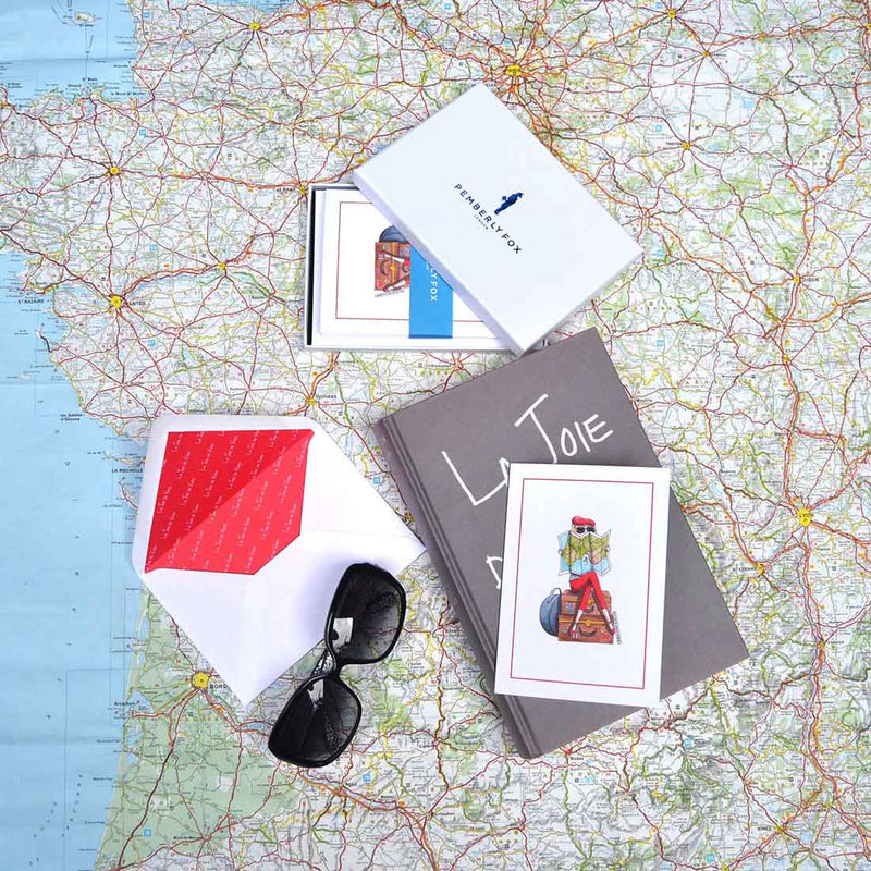 the margaux on holiday greeting cards with white envelopes with red printed paper lining sold in branded boxes