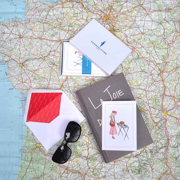 the margaux au bouquiniste greeting cards with white envelopes with red printed paper lining sold in branded boxe