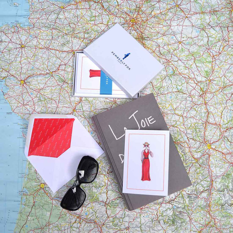 the margaux at the mascarade ball greeting cards with white envelopes with red printed paper lining sold in branded boxes