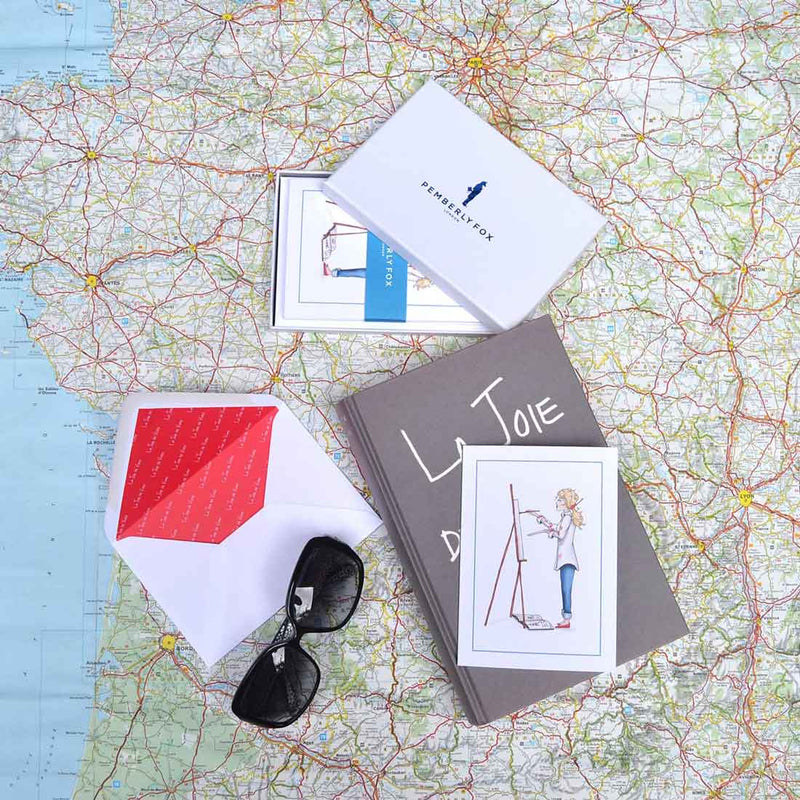 the margaux self portrait greeting cards with white envelopes with red printed paper lining sold in branded boxes