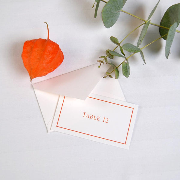 The Mayfair wedding escort cards are personalised and show your guest's table number in a classic font framed in a matching coloured keyline border