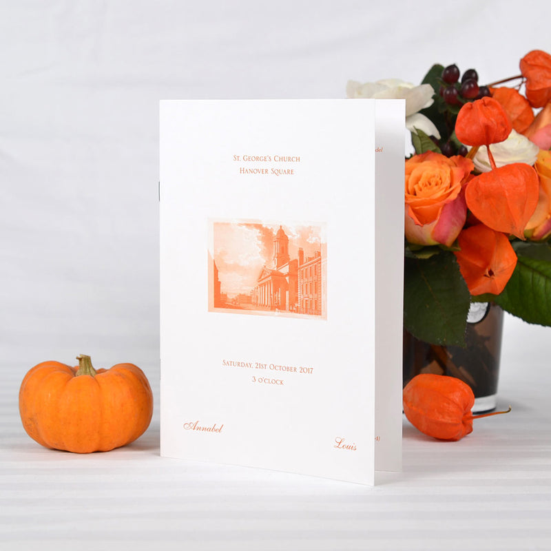 The Mayfair Wedding order of service is shown as printed in bright orange and is a 6 page format
