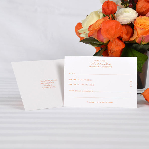 The Mayfair rsvp wedding card is printed with your details on one side and the rsvp address on the other