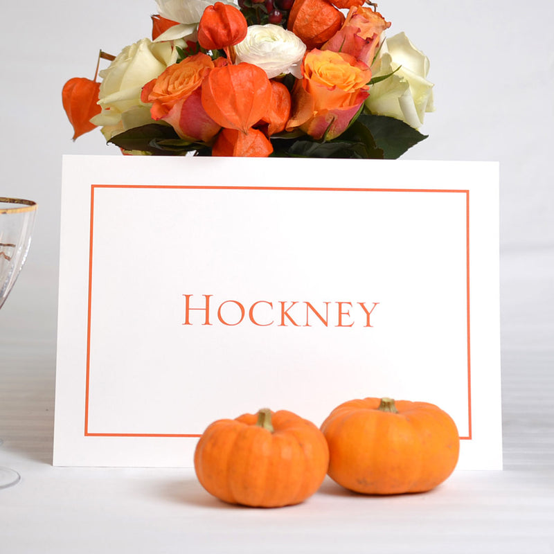 The Mayfair wedding table name cards print on a white 400gsm A4 card, with a keyline border framing the name