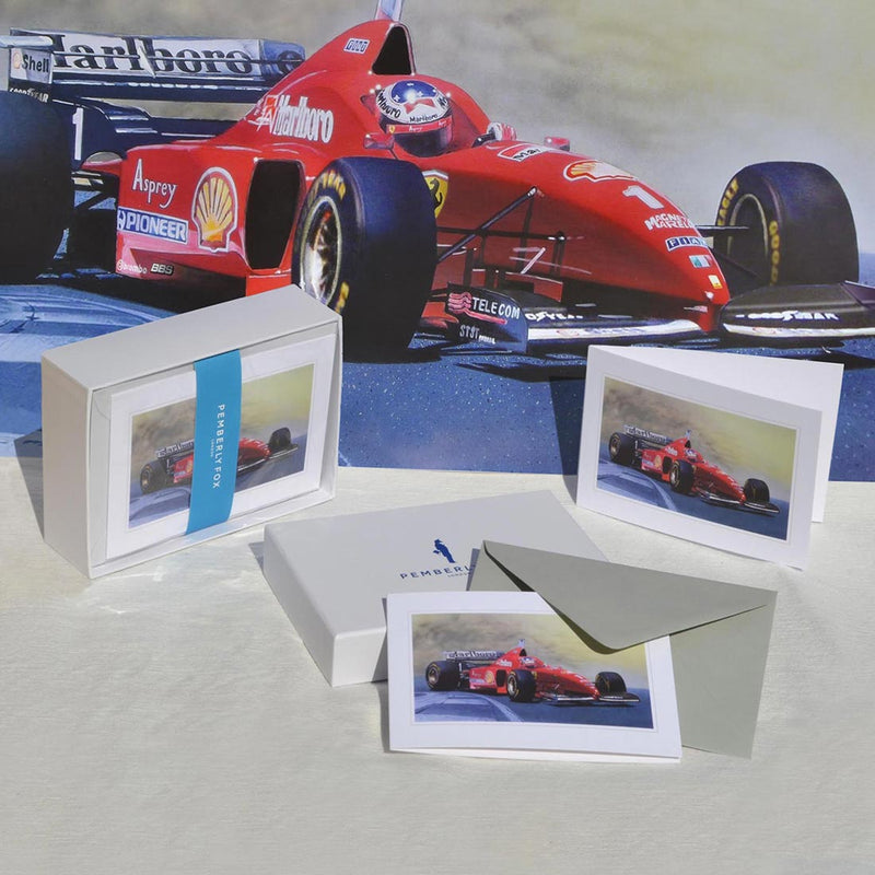 the Michael Schumacher F1 greeting cards are beautifully painted by Tony Regan. Sold with light grey envelopes in a Pemberly Fox branded box