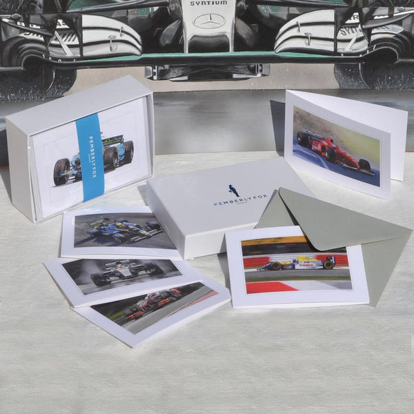 the F1 greeting cards are beautifully painted by Tony Regan, showing six world champions in their cars. Sold with light grey envelopes in a Pemberly Fox branded box