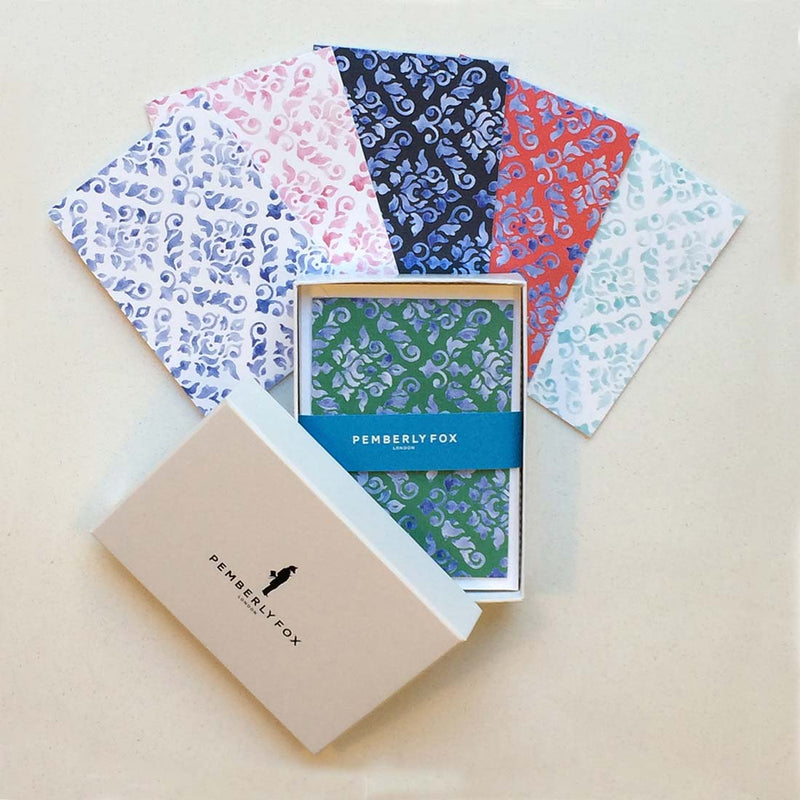 the mixed colours of the damask pattern greeting cards sold in Pemberly Fox's branded boxes