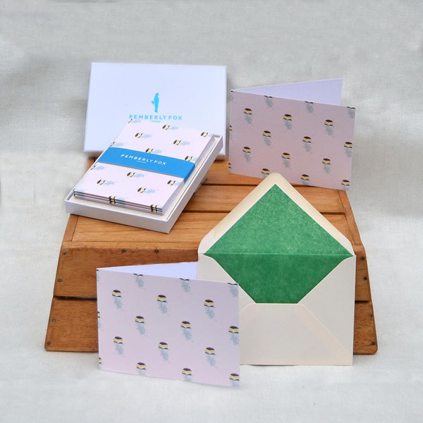 the partridge feather greeting cards with their tissue paper lined envelopes, sold in pemberly fox boxes