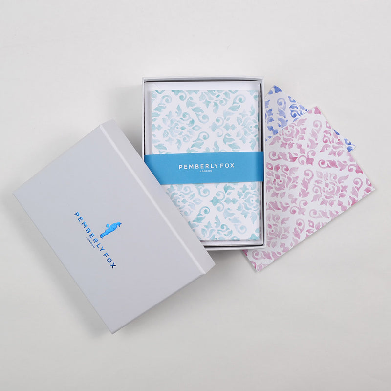the dark shades of damask pattern greeting cards sold in Pemberly Fox's branded boxes