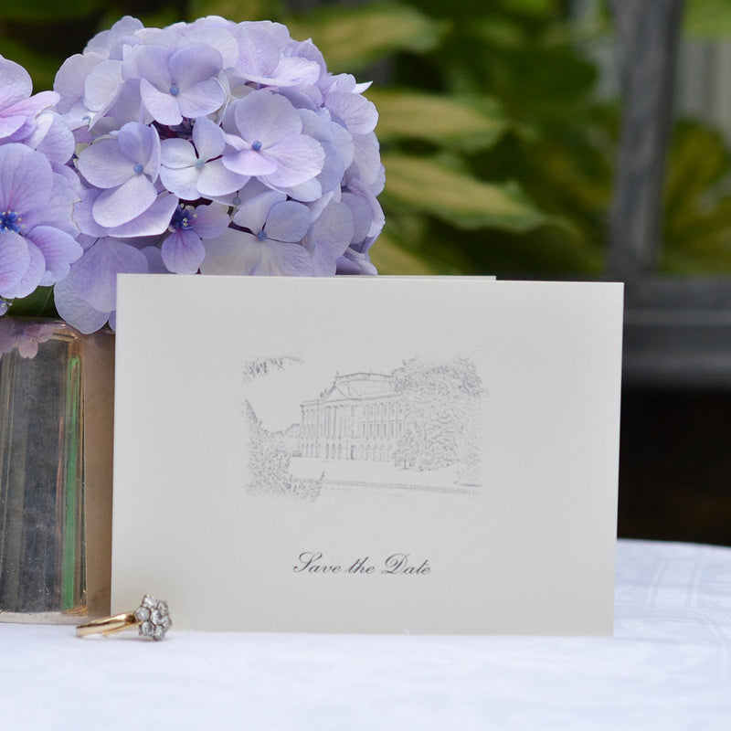 The Pemberly wedding save card shows a a folded card with a picture of the venue printed on the front cover