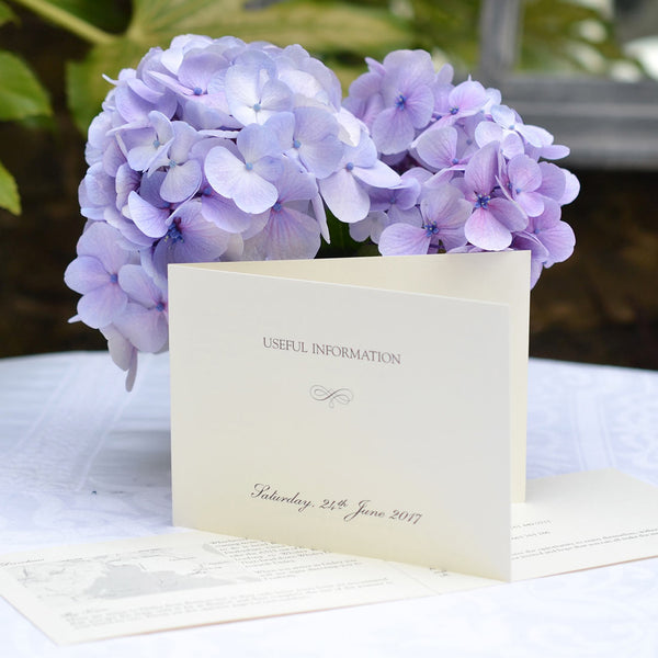 The Pemberly Wedding information cards are printed onto a landscape folded cream card