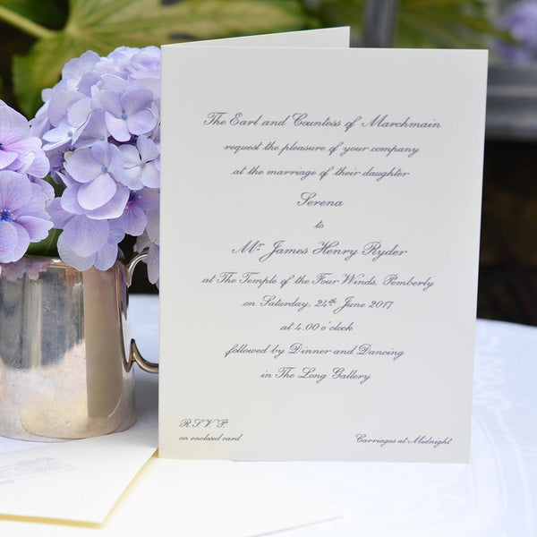 The Pemberly embossed Wedding invitations are printed on the front of a folded cream card