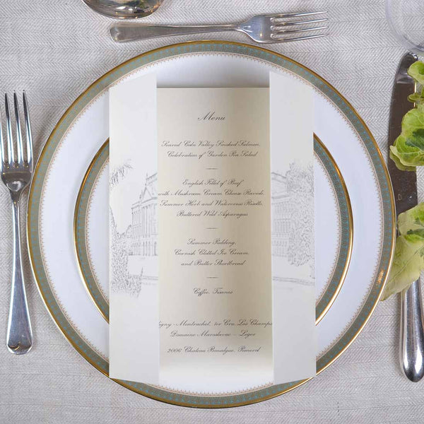 The Pemberly wedding menu cards come with the image of the wedding venue printed onto front gates and the menu text printed on the inside.