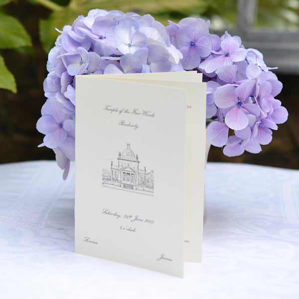 The Pemberly Wedding order of service has a picture of the wedding venue printed on the front cover of the booklet