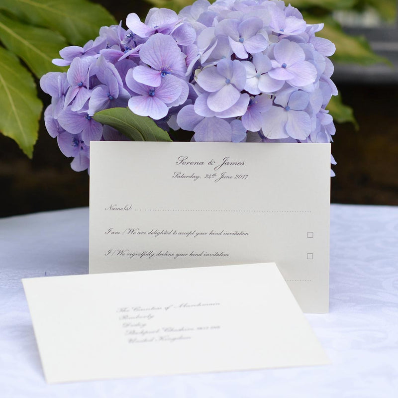 The Pemberly Wedding RSVP Card is the most classic example of a reply card and envelope