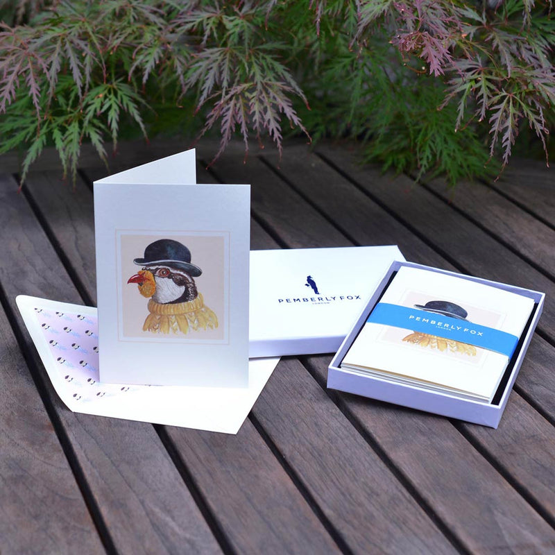 the percy partridge feather greeting cards with with feather pattern printed paper lined envelopes, sold in pemberly fox boxes