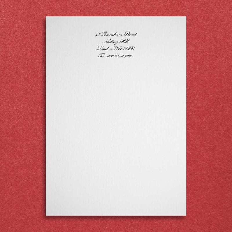 the petersham writing paper is shown on a white A5 sheet with address and phone number in a script font at the head