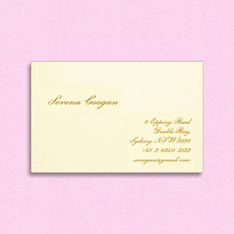 Engraved in Gold, using a traditional Script font the Phillimore visiting card is a must have