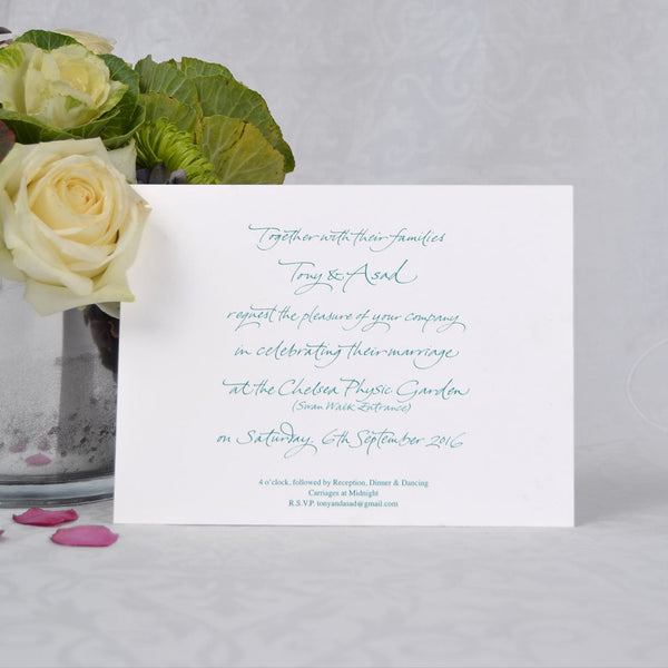 The Portland embossed wedding invitations showcase personalised calligraphy and are printed in bright green