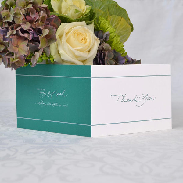 The folded Portland wedding thank you cards show your names and date printed in white onto colour backgrounds