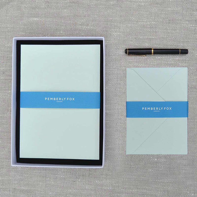 The powder green a5 writing paper and envelopes are 135gsm and sold in a branded Pemberly Fox box.