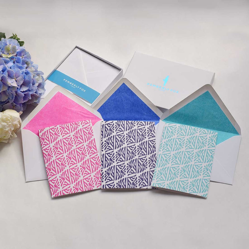 the puerto escondido blues greeting cards shows the coral pattern printed in three tropical colours with matching colour tissue lined envelopes