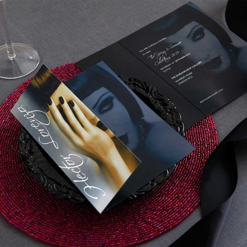 The Somerset House Party invitations, with silver foil on the front cover and full colour image