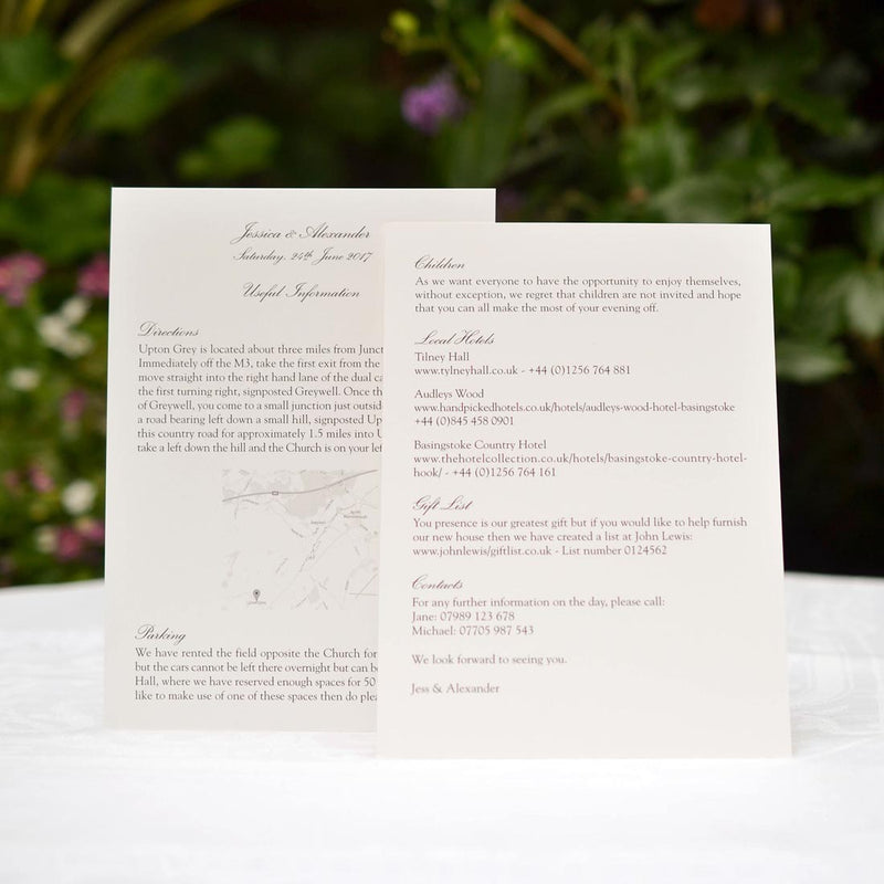 The Tilney Wedding information cards are printed front and back of a single off-white card