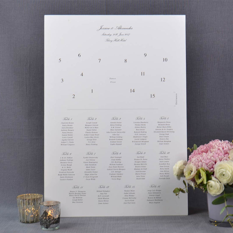 The Tilney wedding table plan is the most classic style available. It shows the room layout with table numbers in the top half and the guest list per table in the bottom