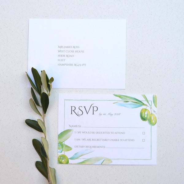 Olives are a main theme to the double sided Tivoli wedding RSVP cards which are printed on both sides