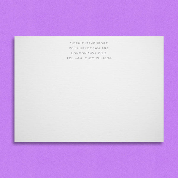 the weybridge embossed note cards show your name and address printed on four lines at the head of the card